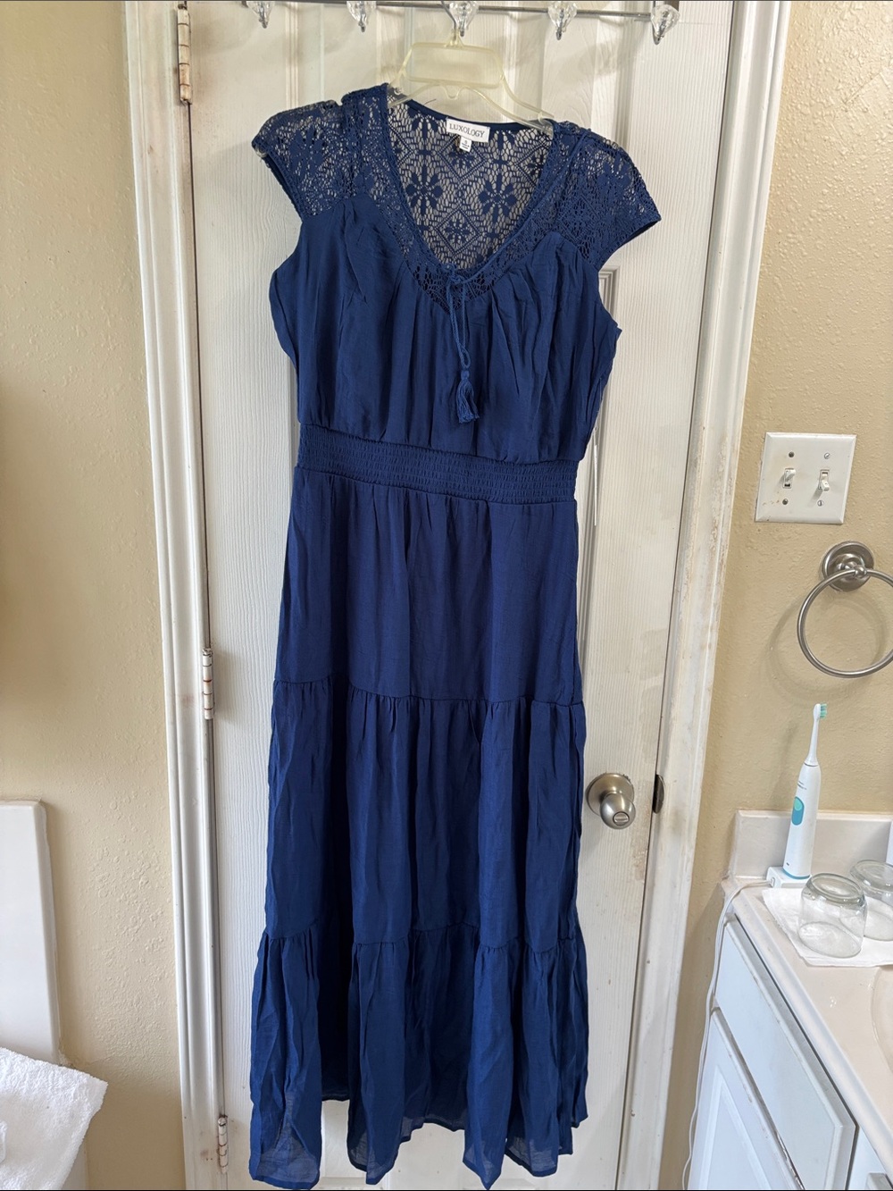 Luxology Dark Blue Crochet Lace Top fully lined maxi dress. NWT